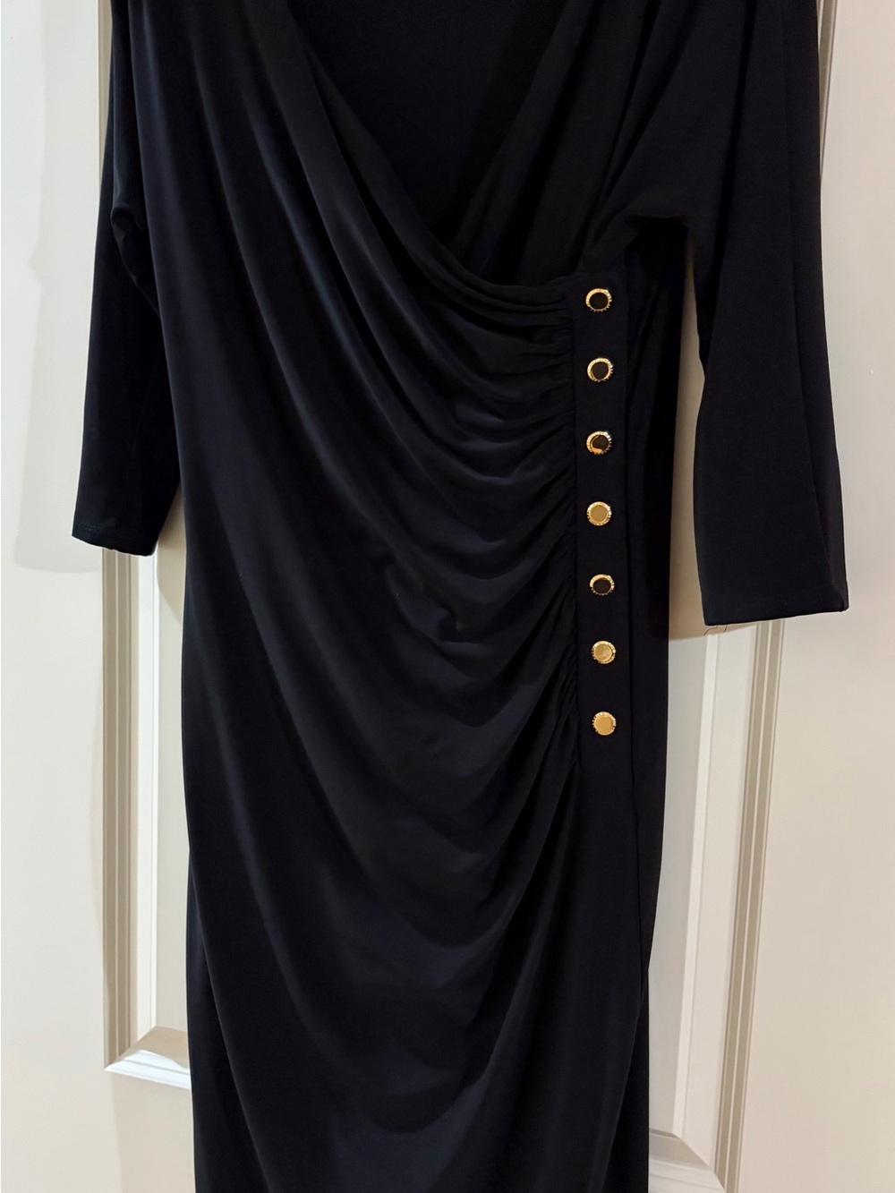Lauren Ralph Lauren Black Long-Sleeve Draped Midi Dress with Gold Buttons